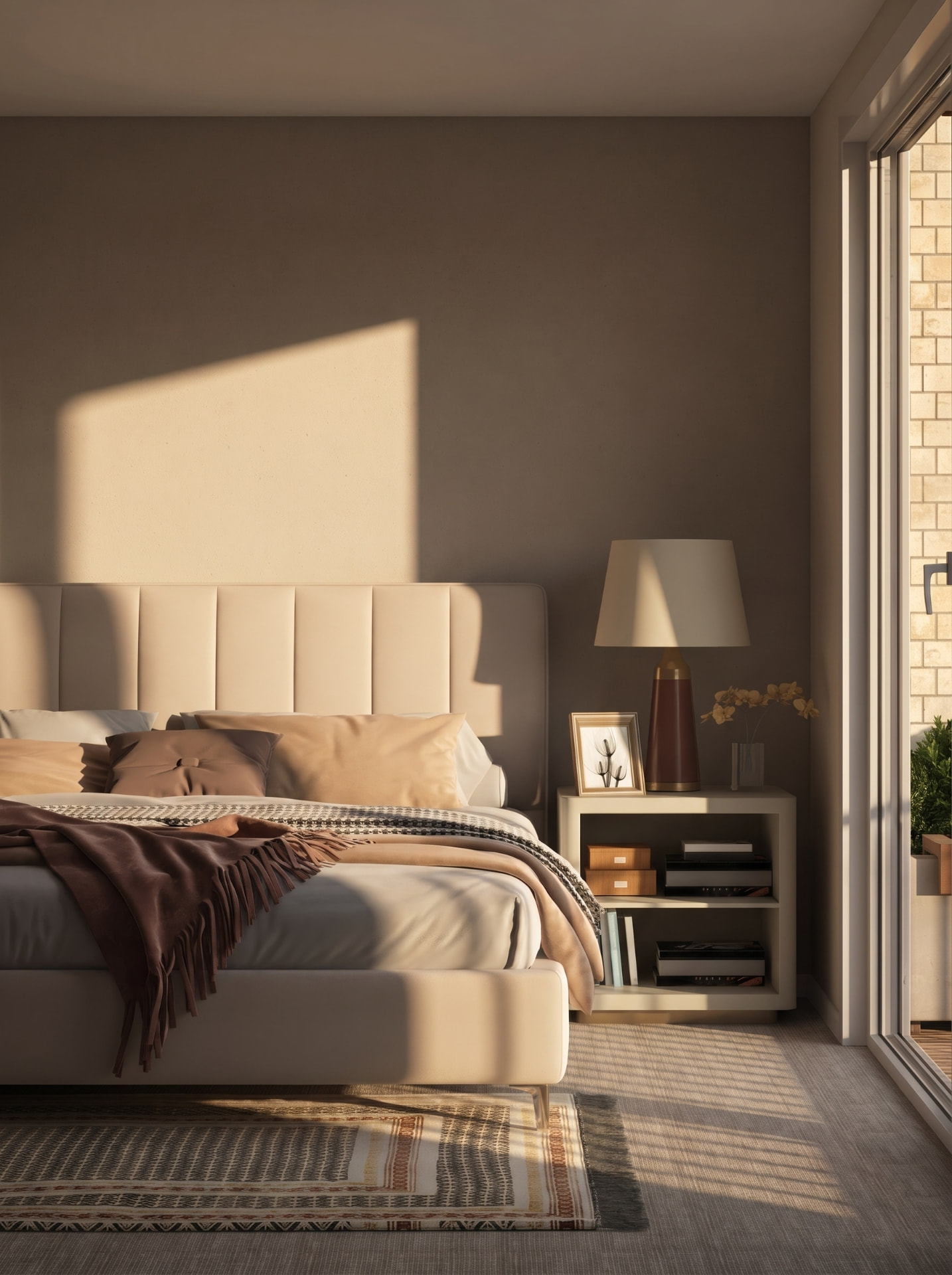 Golden hour bedroom photograph with warm window light