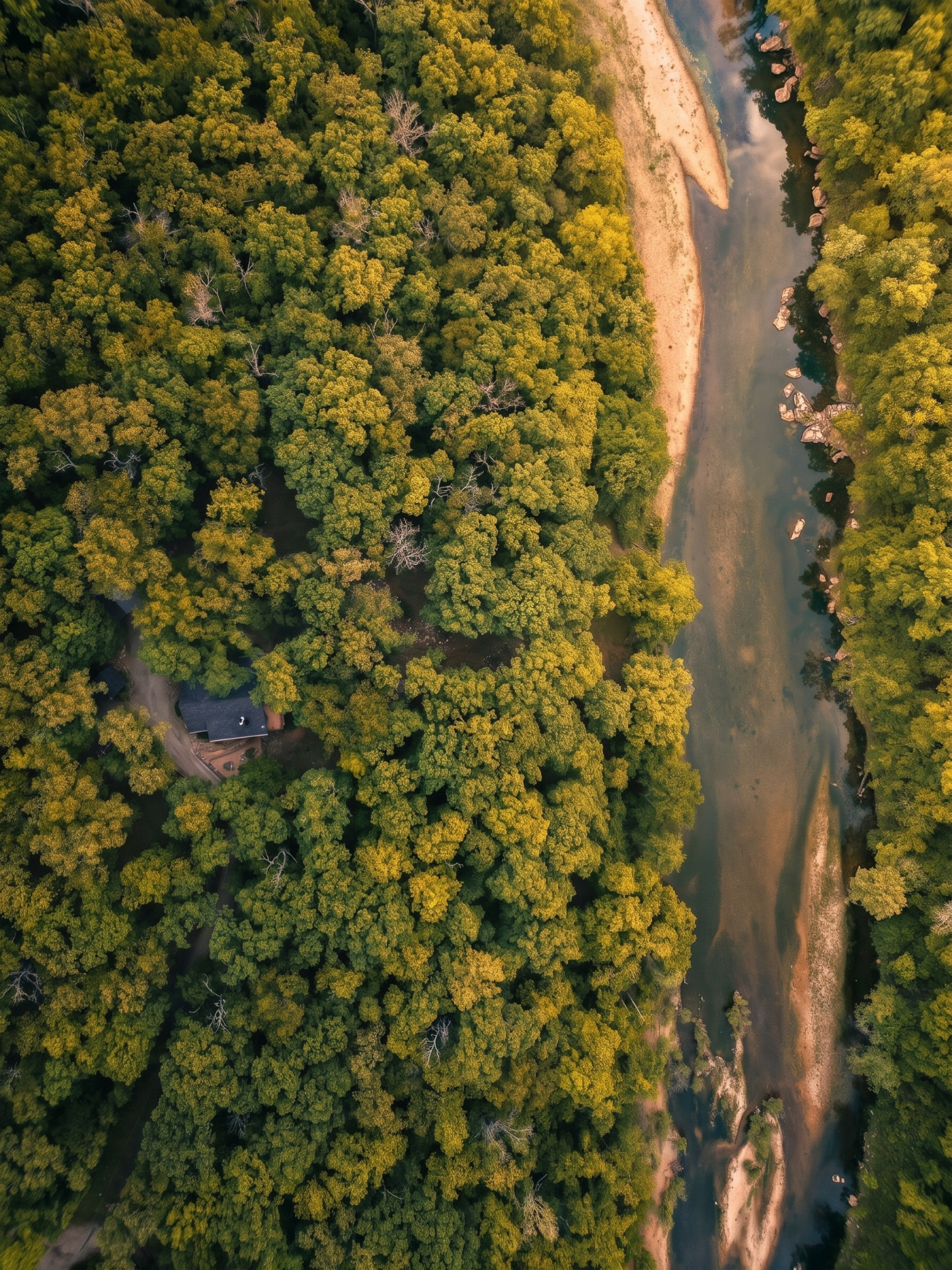 Top-down drone view of a riverside cabin beside a clear Ozark river