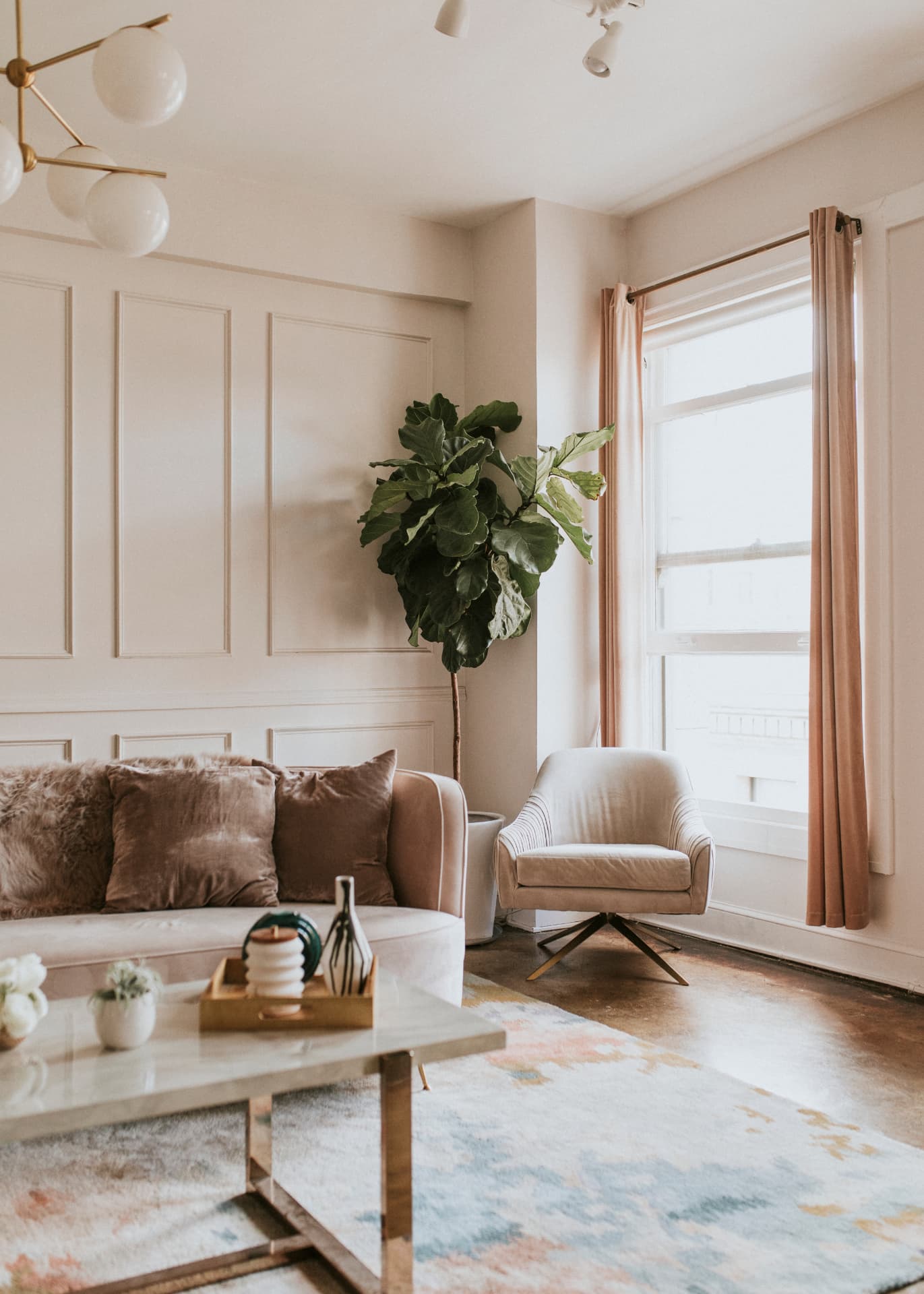 Designer living room photograph with soft natural light