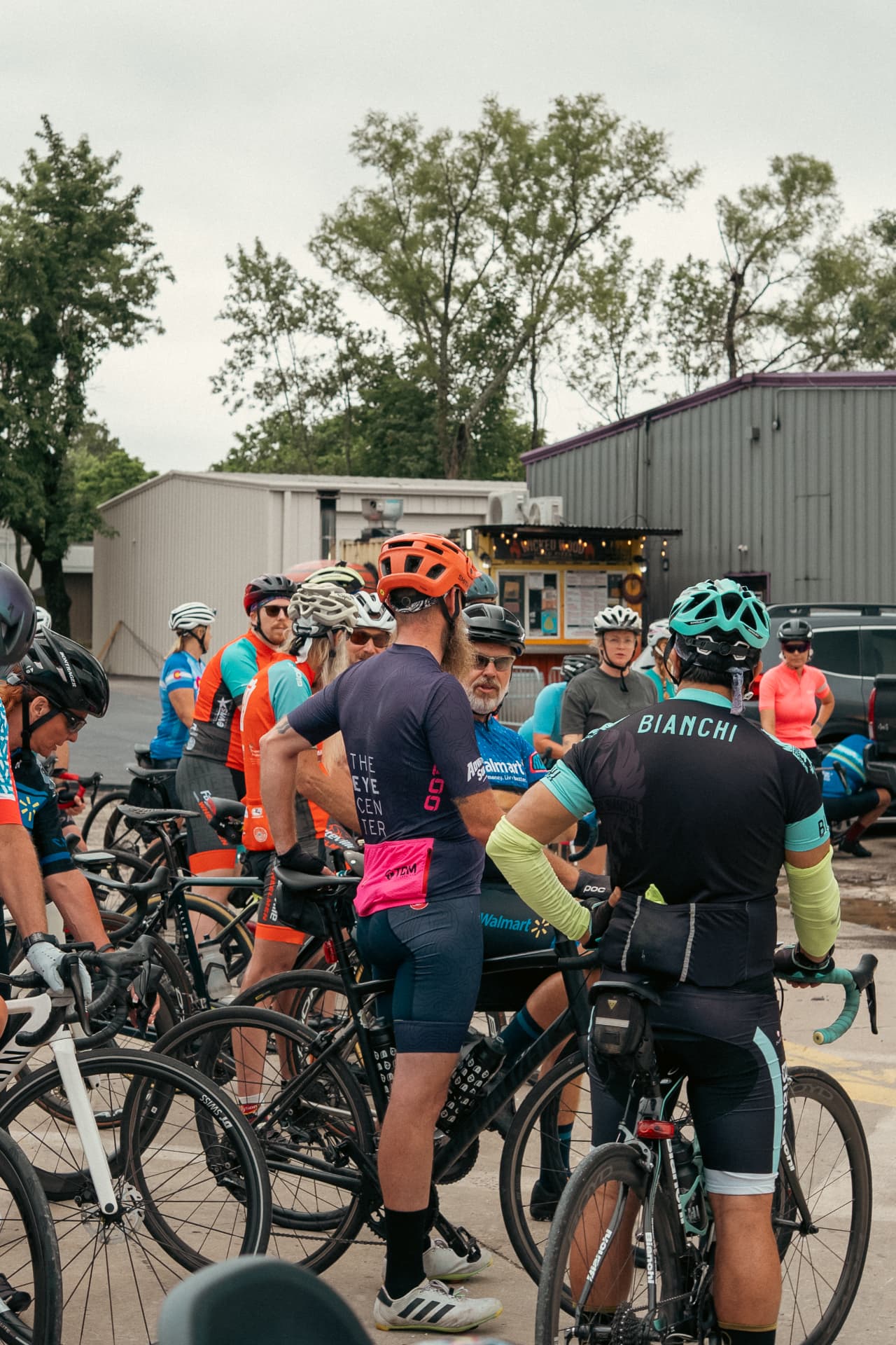 Cyclists gathering before a group ride