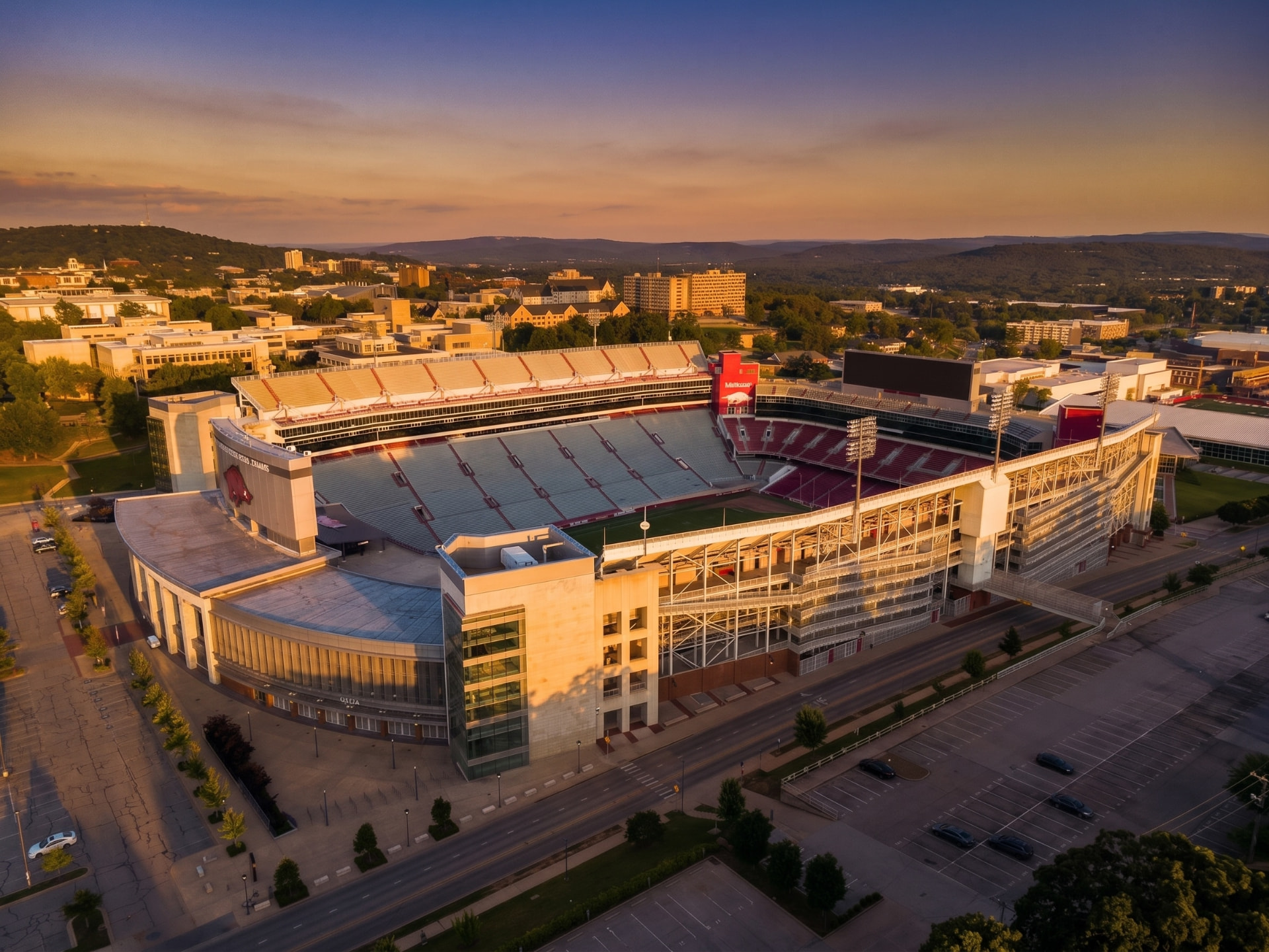 Sunset aerial of Razorback Stadium in Fayetteville, Arkansas
