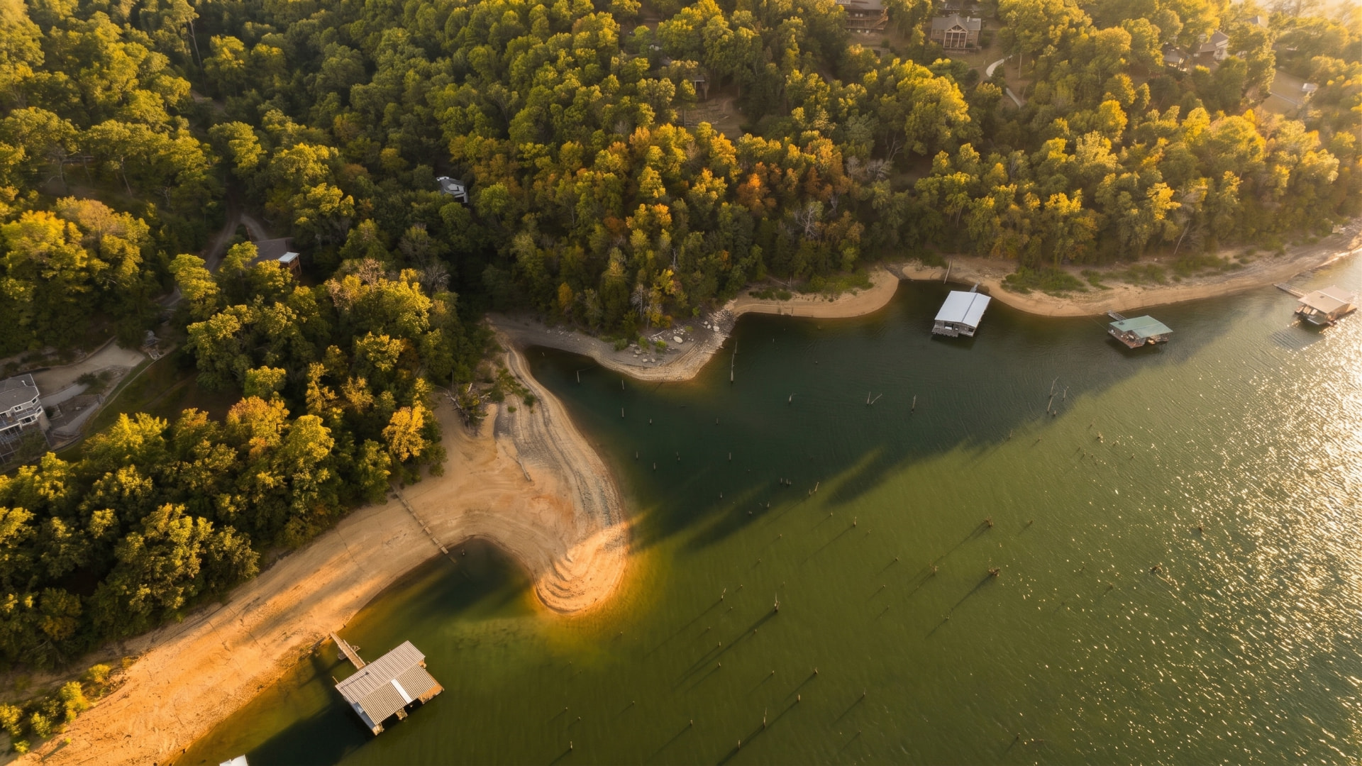 Aerial view of a Beaver Lake cove with boat docks and autumn trees
